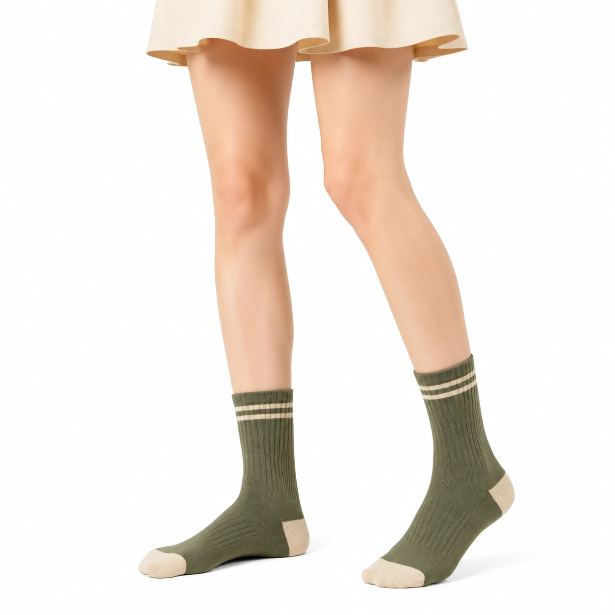 Sportsocken Größe 39-42 aus Textil Olivgrün Beige gerippt mit Streifen