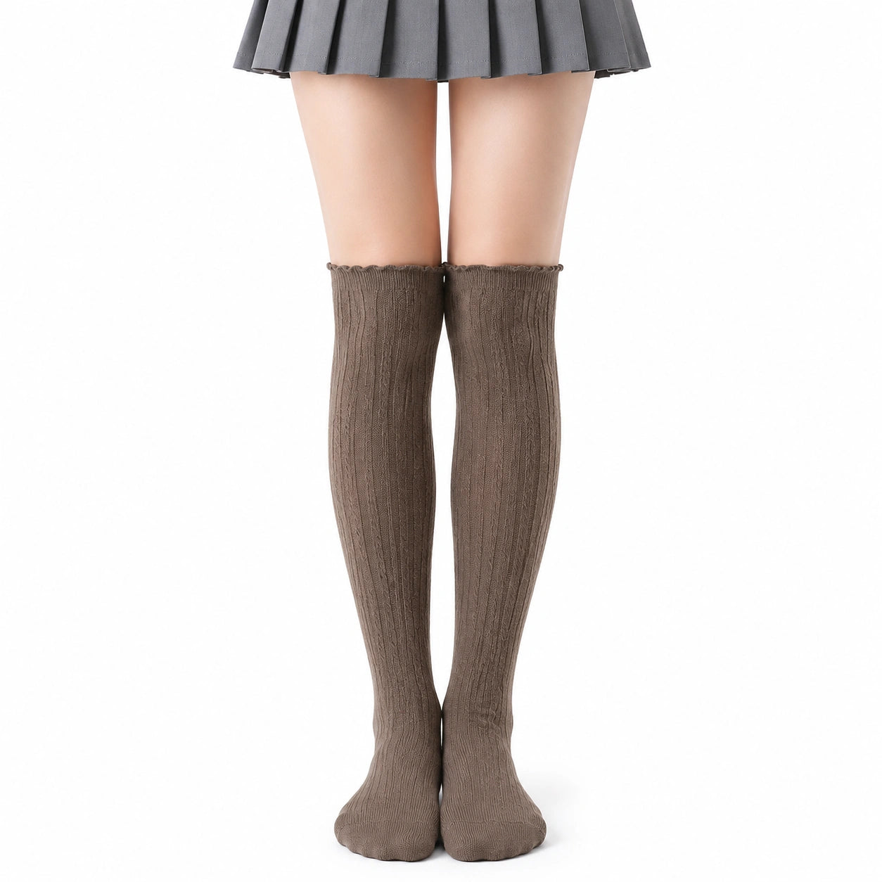Damen Kniestrümpfe Größe 35-38 aus Strickmaterial in Taupe mit Zopfmuster