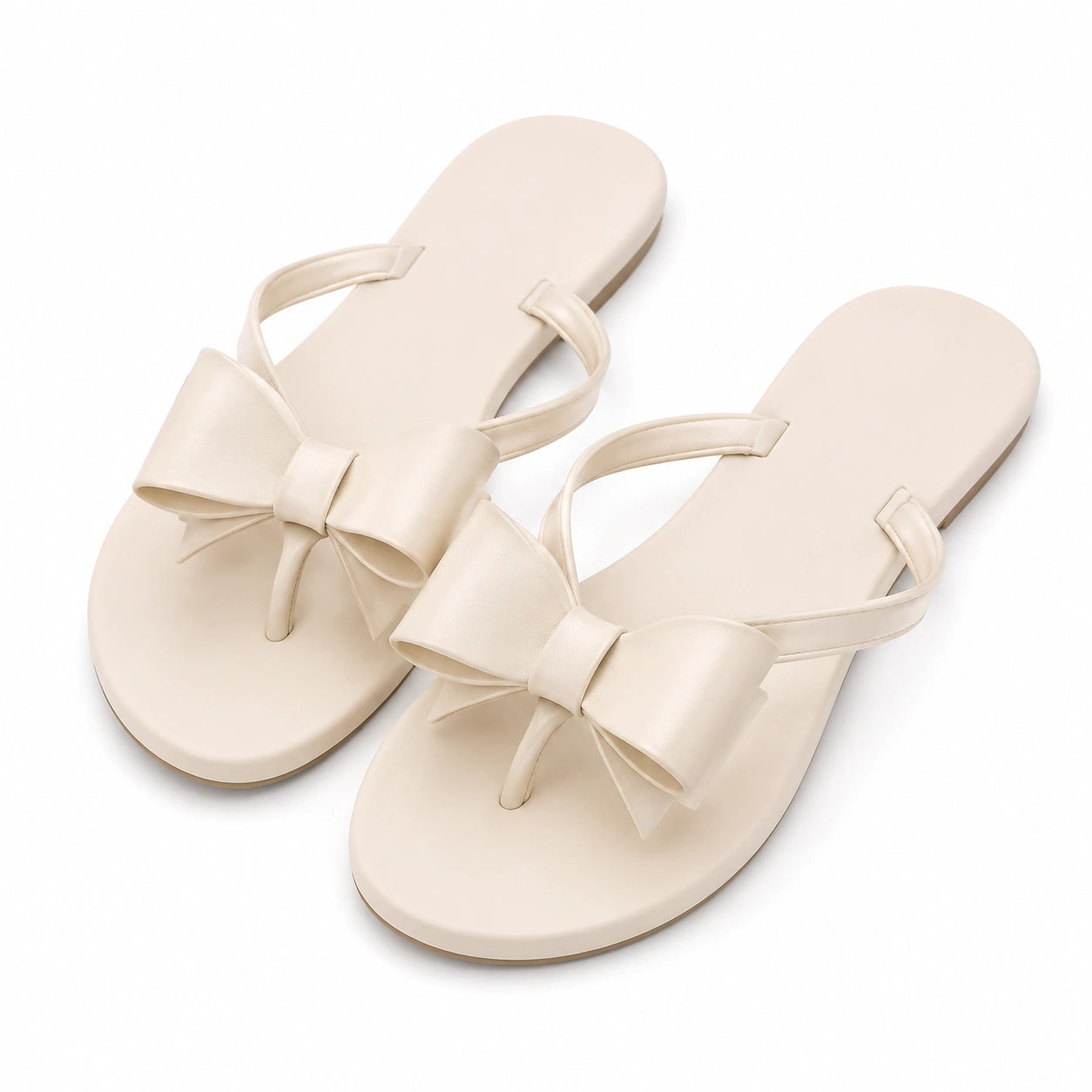 Damen Zehentrenner Sandalen Größe 42/43 Creme Kunstleder mit Schleife